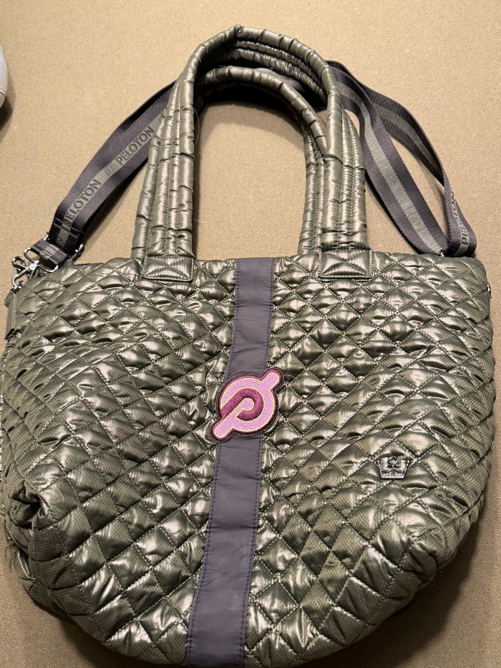Peloton Quilted Oliver Thomas Tote Bag - Olive Green with patch EUC